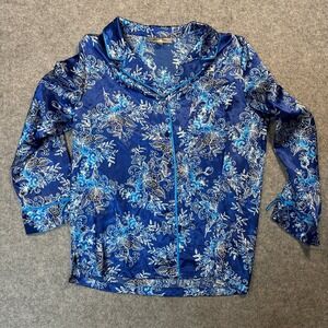 Morgan Taylor Intimates Pajama Top Medium Blue Floral Satin Button Down